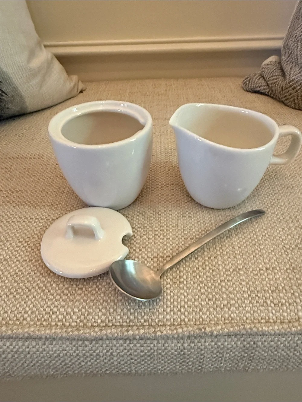 Starbucks White Ceramic Sugar Bowl and Creamer Set with spoon.